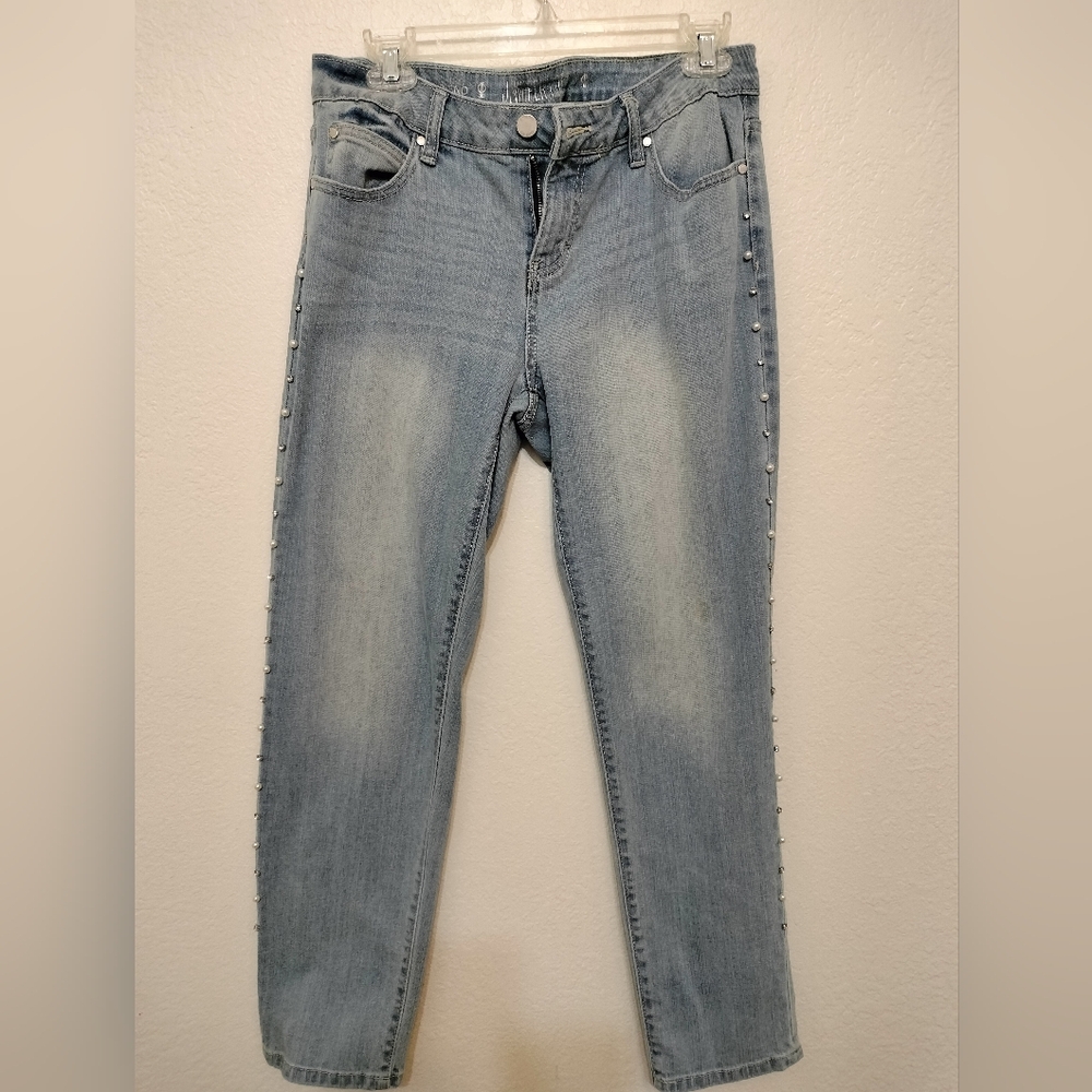Jennifer Lopez Boyfriend Jeans With Faux Pearls & Rhinestone Down The Legs